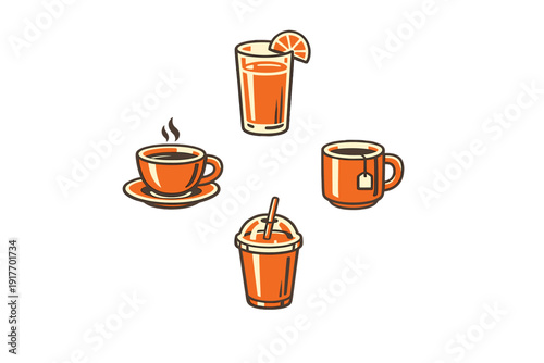 A collection of four stylized beverage icons including orange juice, hot coffee, tea, and a cold drink with a straw, all presented in an orange and cream color scheme on a black background.