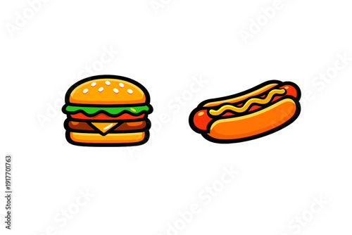 This vector style illustration shows a delicious cheeseburger with sesame seeds and a hot dog topped with yellow mustard, presented side by side on a dark black backdrop.