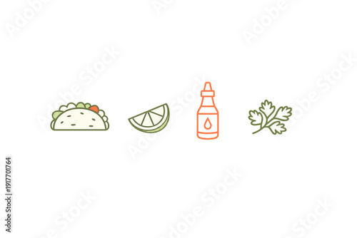This minimalist illustration displays four food-related icons on a solid black background, including a taco, a lime wedge, a bottle of hot sauce, and a fresh sprig of cilantro.