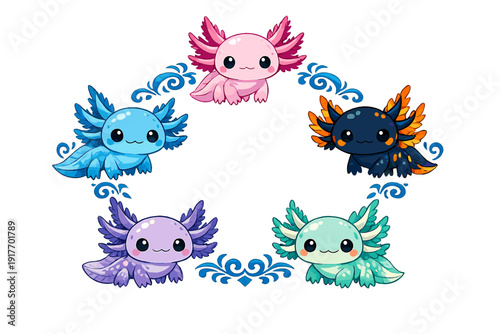 A collection of five adorable chibi axolotls in different colors forms a circle on a black background, separated by blue decorative swirls in a digital illustration style.