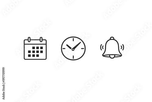 A set of three minimalist black line icons featuring a calendar, an analog clock, and a ringing notification bell, all arranged horizontally on a plain white background.