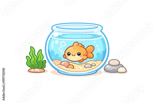 A cute cartoon goldfish with a smiling face swims inside a round glass fishbowl filled with water, sand, and shells. A green plant and grey stones sit outside on a black background.