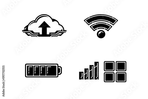 A set of four white minimalist icons on a black background representing cloud upload, wireless internet signal, battery level, and cellular network strength with a menu grid.