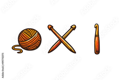 An illustration featuring a ball of orange yarn, a pair of crossed knitting needles, and a single crochet hook arranged horizontally against a solid black background.