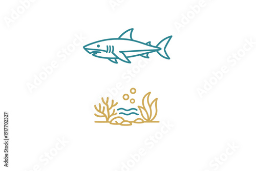 Minimalist line art illustration of a teal shark swimming over a golden seabed with coral, seaweed, and bubbles, set against a solid black background.