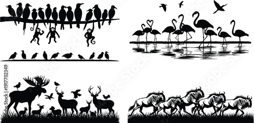 Vector illustration set of wild animal silhouettes featuring birds, monkeys, flamingos, deer, moose, and running wildebeest in natural landscapes on a white background.