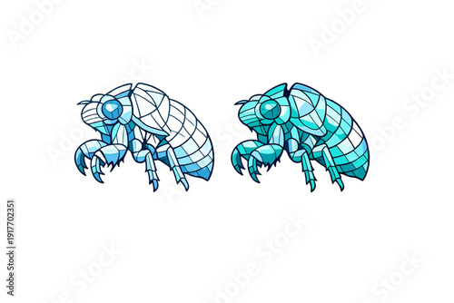Two blue crystalline insect illustrations with a stained glass effect are shown on a black background. The figures have geometric facets and a segmented body structure.