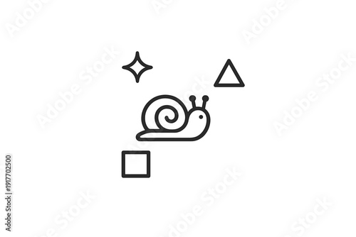 A minimalist line art illustration featuring a snail surrounded by geometric shapes including a star, a triangle, and a square, all set against a solid black background.