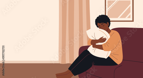 A woman with dark skin and short natural hair sits on a sofa, hugging a pillow for comfort. Vector composition in a caring minimalist style.