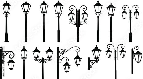 Ornate vintage street lamp silhouettes bundle, Victorian and classic lamppost designs isolated on white background vector illustration set
