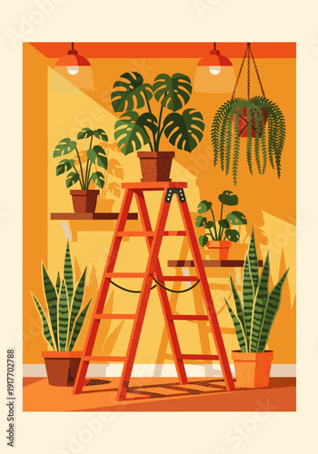 An arrangement of houseplants with a bright red stepladder creates a cheerful atmosphere against a bright yellow background. Retro 70s-style illustration.