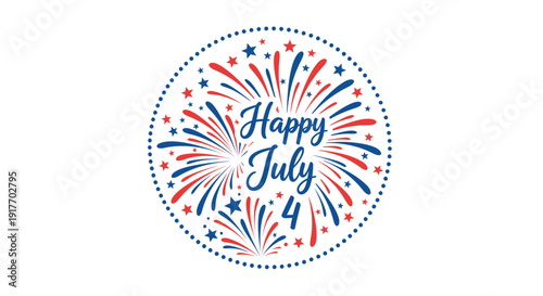 Patriotic 4th of July celebration icon with fireworks and stars, isolated on transparent background