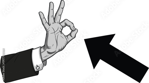 Hand in suit giving ok sign next to large black arrow