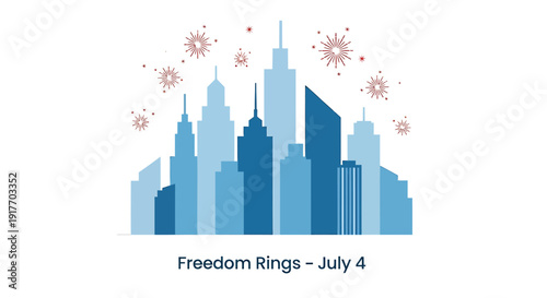 Patriotic city skyline icon with fireworks, Freedom Rings - July 4. Vector illustration of American Independence Day celebration. Created in flat style with blue and red colors.