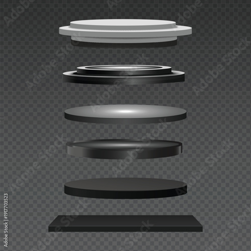 Set of display podiums isolated on a transparent background, minimalistic 3D platforms for product presentations, exhibitions, marketing visuals, and modern design layouts