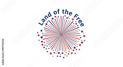 American freedom icon, patriotic symbol with red, white and blue starburst design and 'Land of the Free' text, isolated on transparent background