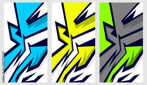 Vibrant decal designs on white background in blue, yellow, gray