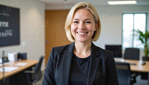 a professional blonde woman with short hair wearing a black blazer jacket and a black blouse shirt in the office	