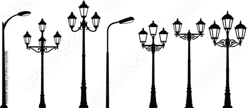 Vintage and modern street lamp silhouettes set, ornate Victorian lamppost and contemporary lighting poles isolated on white