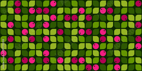 Leaves and Berries on dark green, Seamless vector Pattern , Nature Inspired Background Design