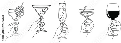 A collection of hands holding various cocktail and wine glasses in a black and white line art style illustration.