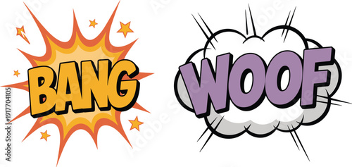 Cartoon comic book sound effect vector set, bang and woof bubbles for speech, action, and explosion