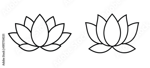 Simple black and white line drawing depicting two blooming lotus flower heads side by side