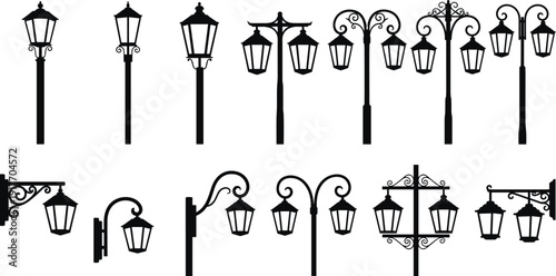 Vintage street lamp silhouettes collection set, ornate Victorian lamppost and decorative lantern designs isolated on white background vector