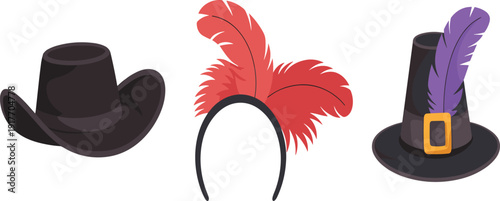 Vintage hat vector icon set, classic cowboy hat, feathered headband, and pilgrim hat for retro design