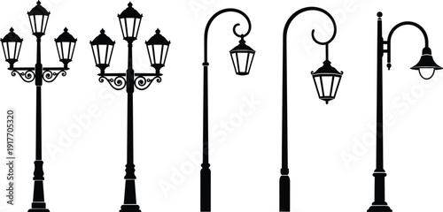 Vintage street lamp silhouettes set, classic ornamental lamppost collection isolated on white background, urban lighting design vector illustration