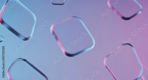 Translucent glass geometric shapes float in a minimalist space with soft iridescent blue and pink gradients and professional studio lighting.