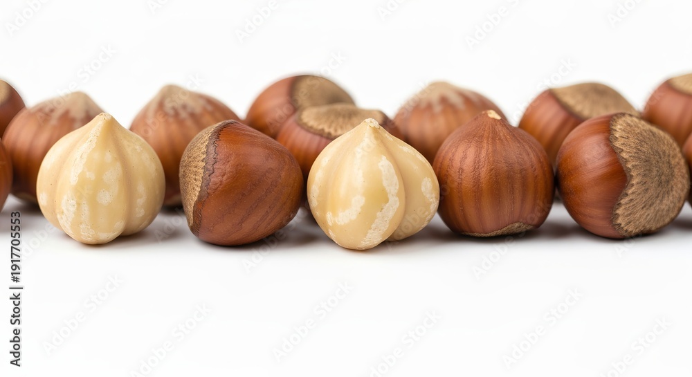 Obraz premium Close-Up of Delicious Hazelnuts on a Pristine White Background Showcasing Their Unique Textures