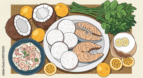 Healthy Food Arrangement with Fish, Coconut, Fruits, and Rice