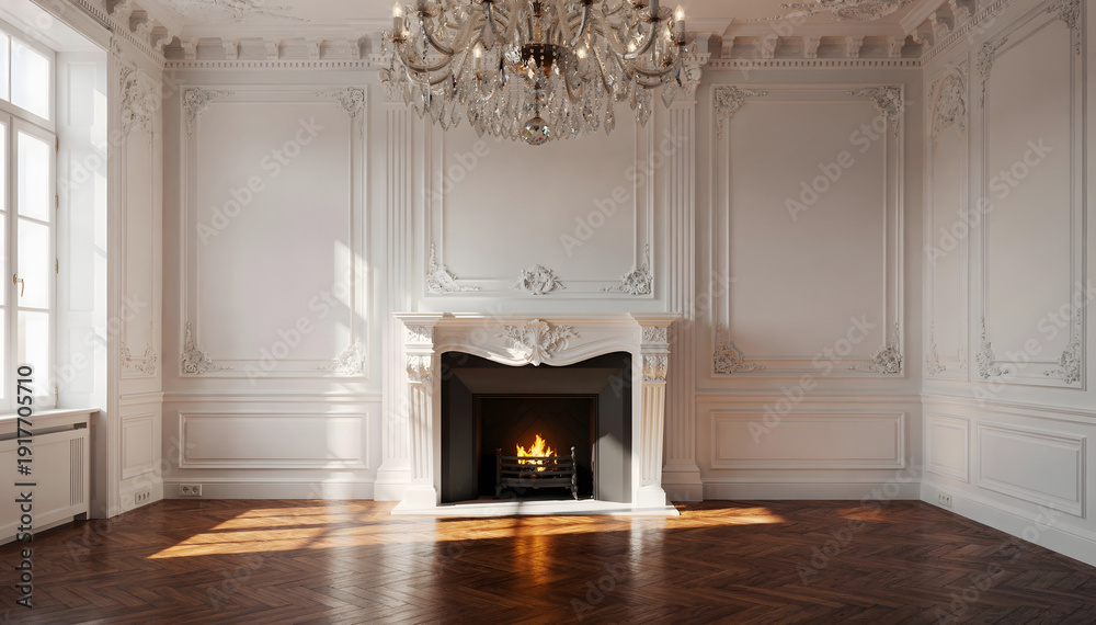 Obraz premium Opulent Interior: A Grand Room with Fireplace, Ornate Moldings, and Warm Wood Floor Creates a Luxurious and Inviting Ambiance for Design Inspiration