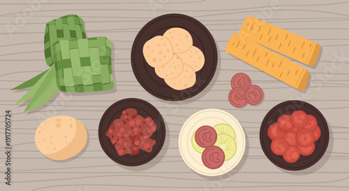 Delicious Indonesian Food Presentation With Ketupat And Sambal On Table