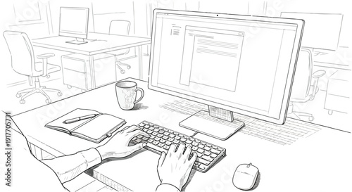 Person working on desktop computer workplace sketch