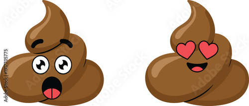 Happy cartoon poop emoji vector illustration set, cute brown pile characters with heart eyes and surprised face