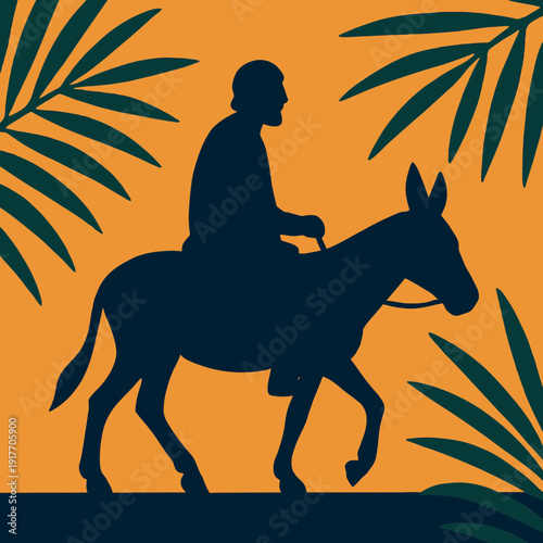 Silhouette of a man riding a donkey through palm leaves