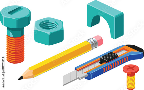 Colorful of school supplies and hardware screw bolt pencil utility knife