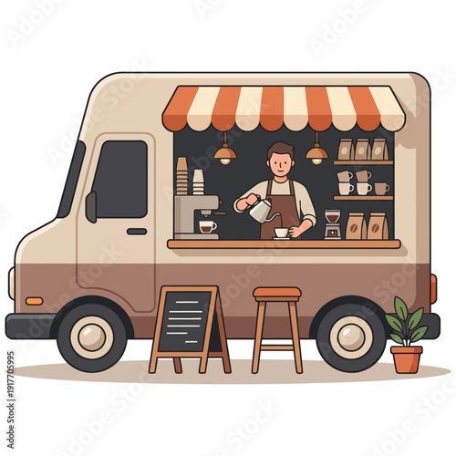 Coffee Truck Cafe with Barista Flat Vector Illustration