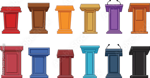 Colorful cartoon podiums with and without microphones lecterns speaker stands