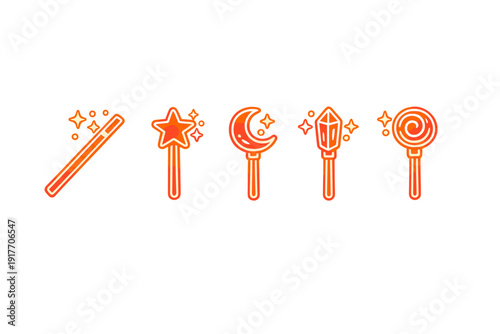 Five neon style magic wand icons in orange and red gradients on a black background, including star, moon, crystal, and lollipop shapes with sparkling light effects.