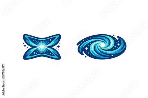 Two stylized cosmic illustrations featuring a butterfly-shaped nebula and a spiral galaxy in shades of blue and white, set against a solid black background.