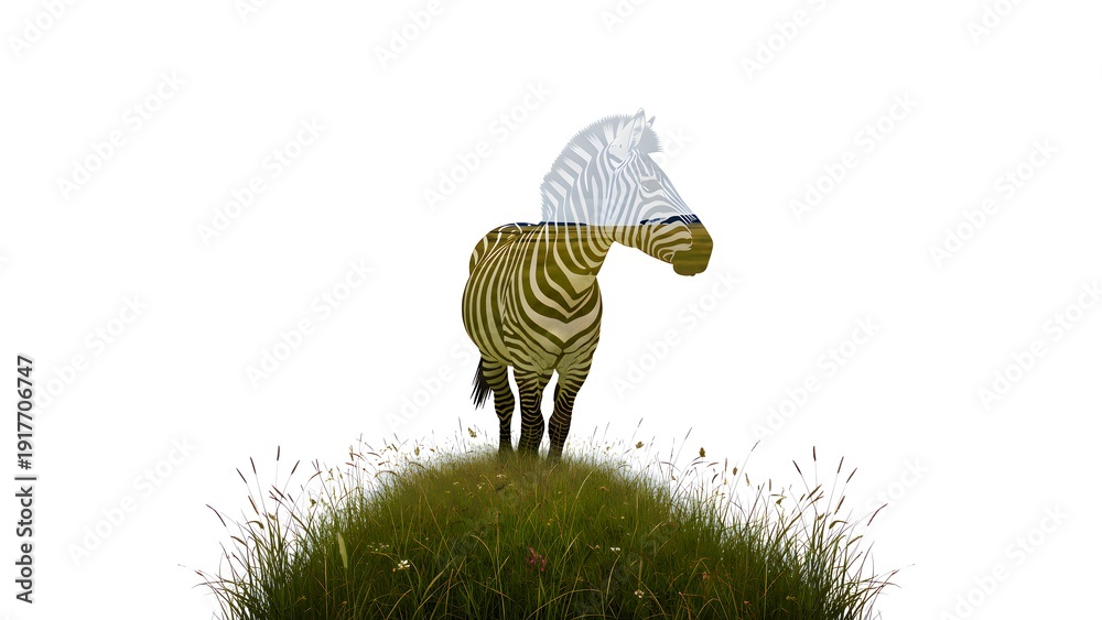 Obraz premium Conceptual double exposure artwork featuring a stylized zebra silhouette overlaid with vibrant green savanna grass texture standing atop a small grassy mound.