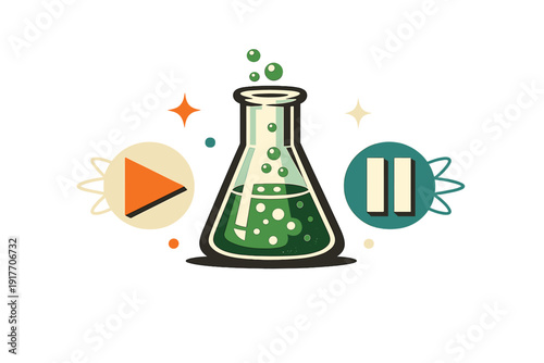 A stylized graphic featuring a laboratory flask with green liquid and bubbles, positioned between a play button and a pause button, set against a dark background with stars.