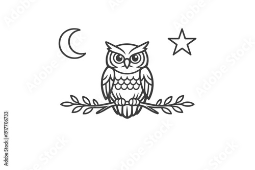 A white line art illustration of an owl perched on a leafy branch against a black background. A crescent moon and a five-pointed star are positioned in the upper corners of the frame.