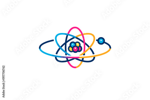A vibrant, colorful graphic representation of an atom with a central nucleus and orbiting electrons, featuring bright gradient colors on a solid black background.
