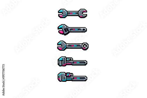 Five different pixel art wrench icons arranged in a vertical row against a black backdrop. Each tool is designed with a retro aesthetic using cyan, magenta, and grey colors.