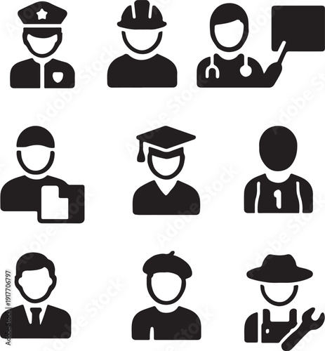 Character combo icon set with diverse human avatars and professional roles silhouette vector EPS.