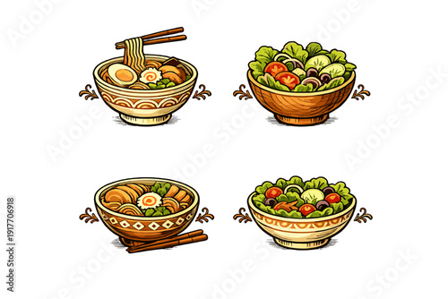 Four stylized illustrations of food bowls featuring ramen with noodles and eggs, and fresh salads with vegetables, set against a solid black background with decorative accents.